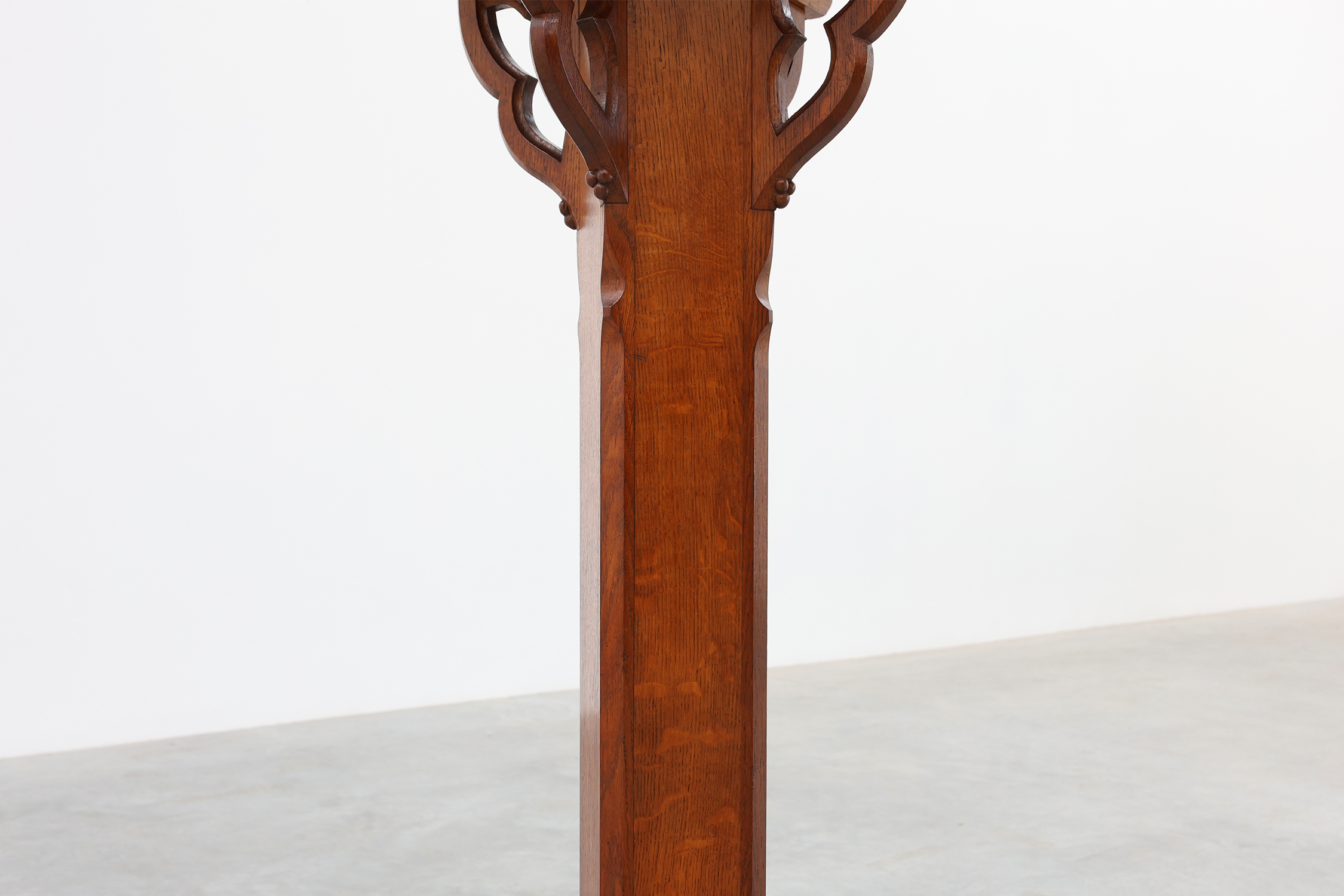 Art Deco oak pedestal with pierced brackets and cross base, Belgium 1920sthumbnail